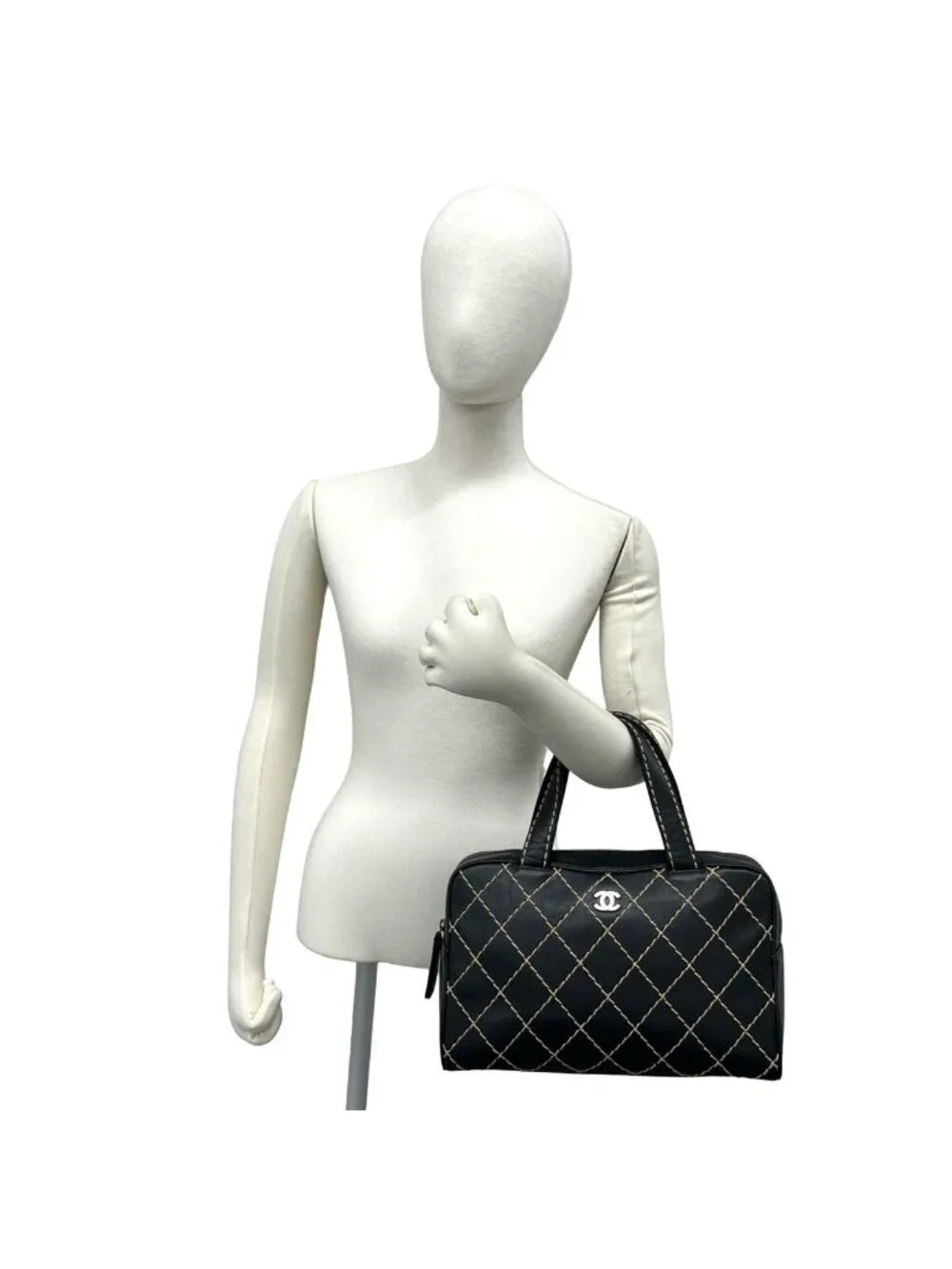 Chanel Card Seal Included Wild Stitch CC Logo Leather Boston Bag Black